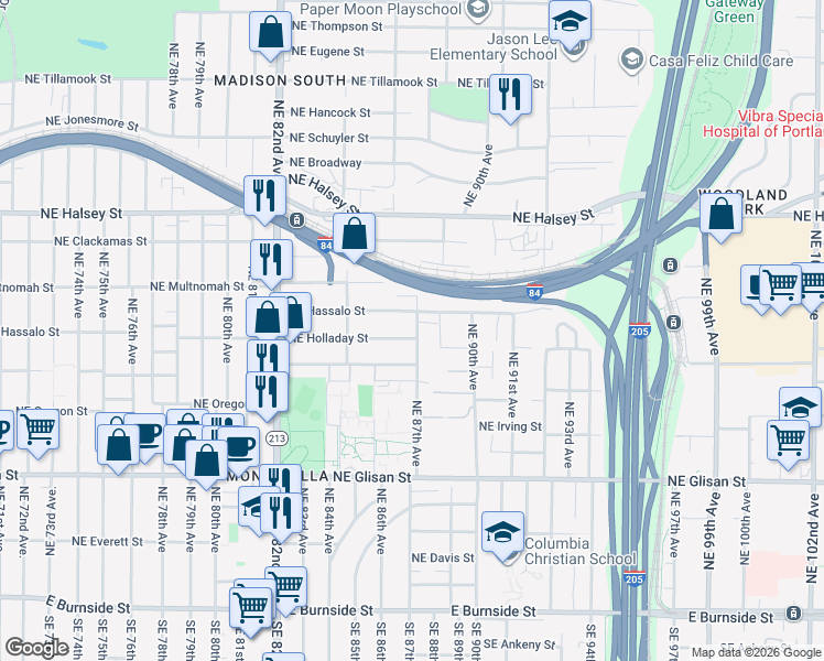 map of restaurants, bars, coffee shops, grocery stores, and more near 8635 Northeast Hassalo Street in Portland