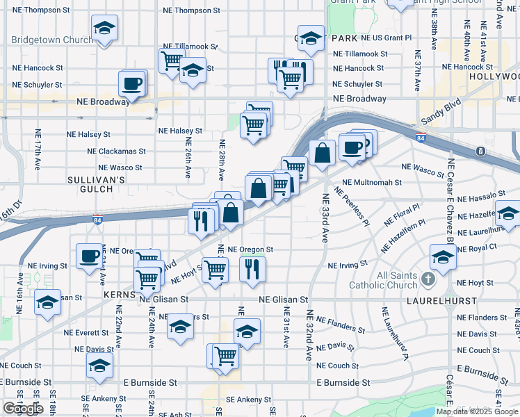map of restaurants, bars, coffee shops, grocery stores, and more near 3001 Northeast Sandy Boulevard in Portland