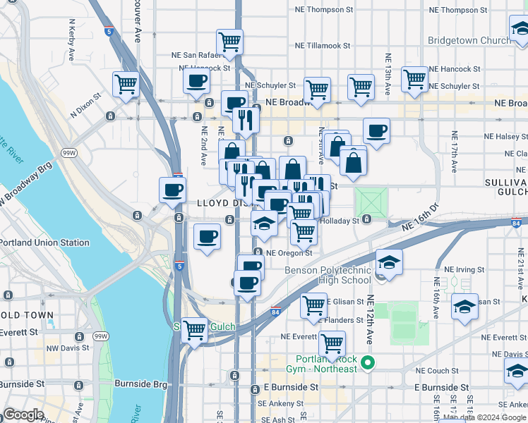 map of restaurants, bars, coffee shops, grocery stores, and more near 500 Northeast Multnomah Street in Portland