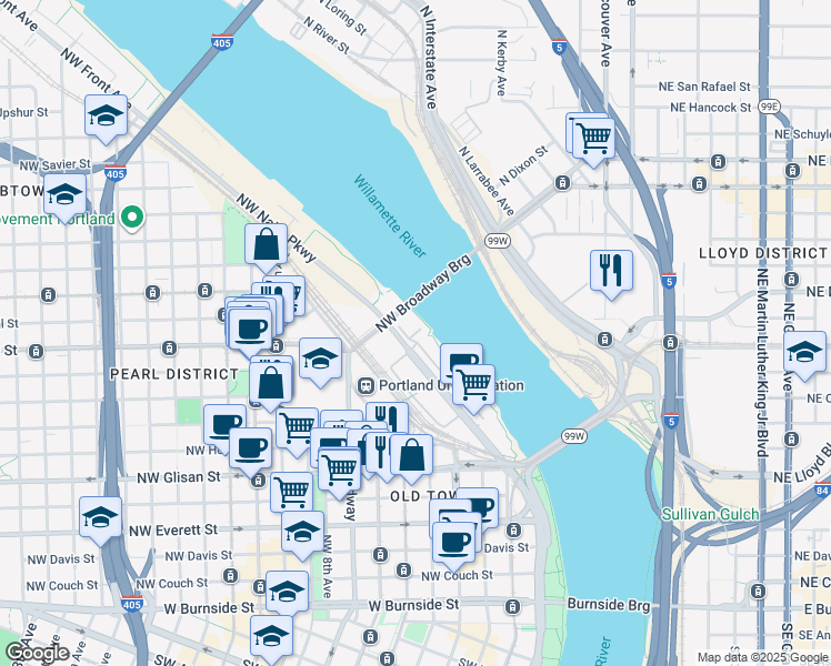 map of restaurants, bars, coffee shops, grocery stores, and more near 1020 Northwest Naito Parkway in Portland