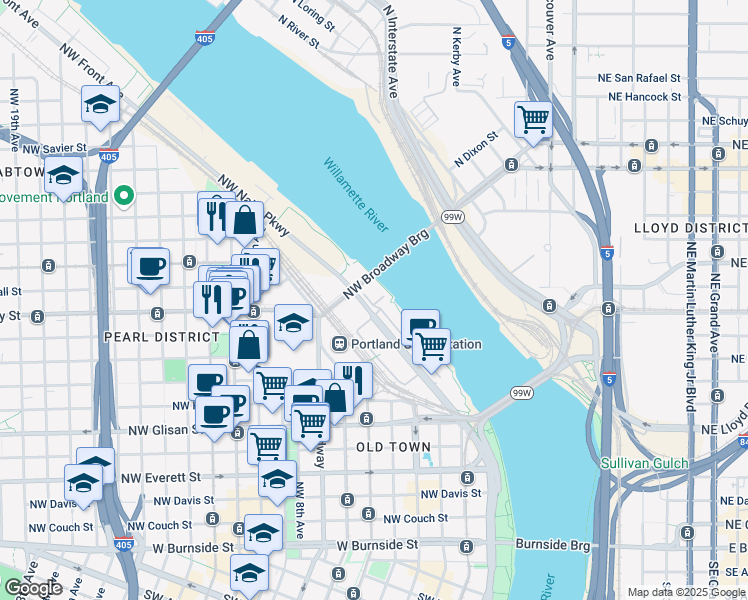 map of restaurants, bars, coffee shops, grocery stores, and more near 43 Northwest Broadway Bridge in Portland