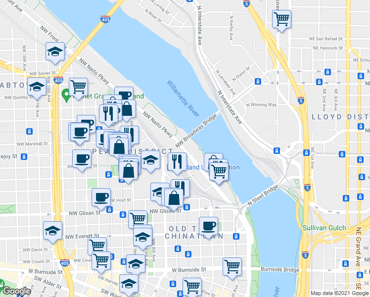 map of restaurants, bars, coffee shops, grocery stores, and more near 43 Northwest Broadway Bridge in Portland