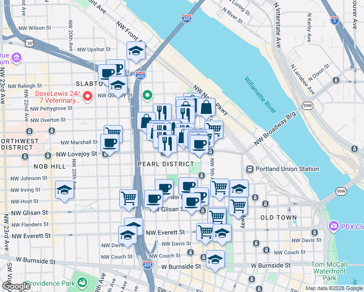 map of restaurants, bars, coffee shops, grocery stores, and more near 1229 Northwest Marshall Street in Portland