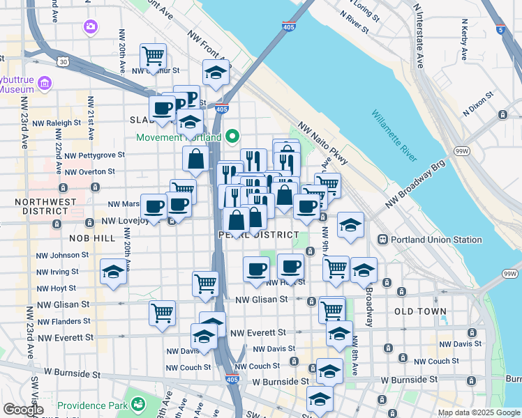 map of restaurants, bars, coffee shops, grocery stores, and more near in Portland