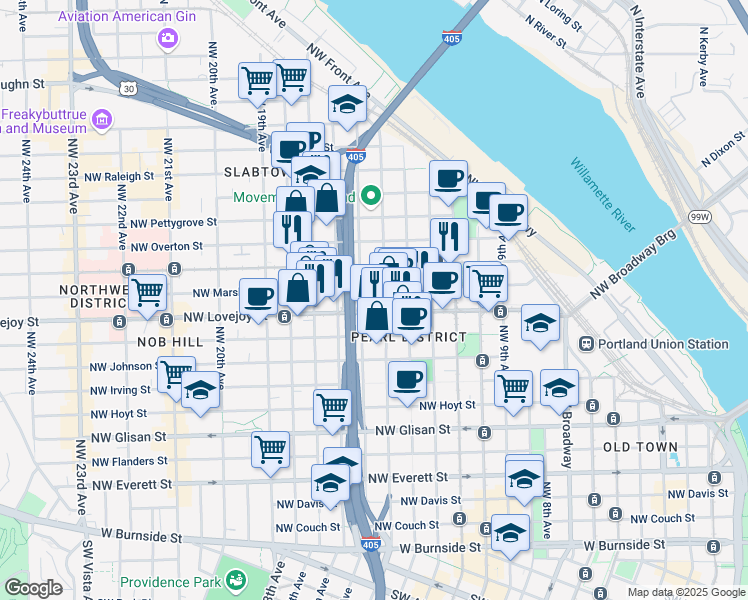 map of restaurants, bars, coffee shops, grocery stores, and more near 1104 Northwest 15th Avenue in Portland