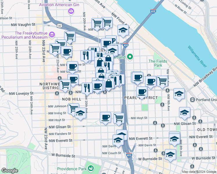 map of restaurants, bars, coffee shops, grocery stores, and more near in Portland