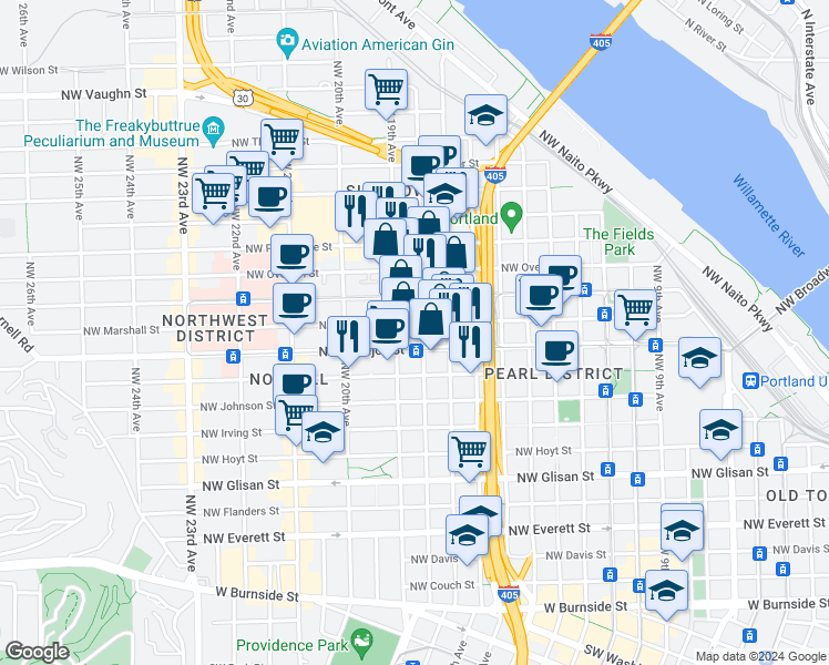 map of restaurants, bars, coffee shops, grocery stores, and more near in Portland
