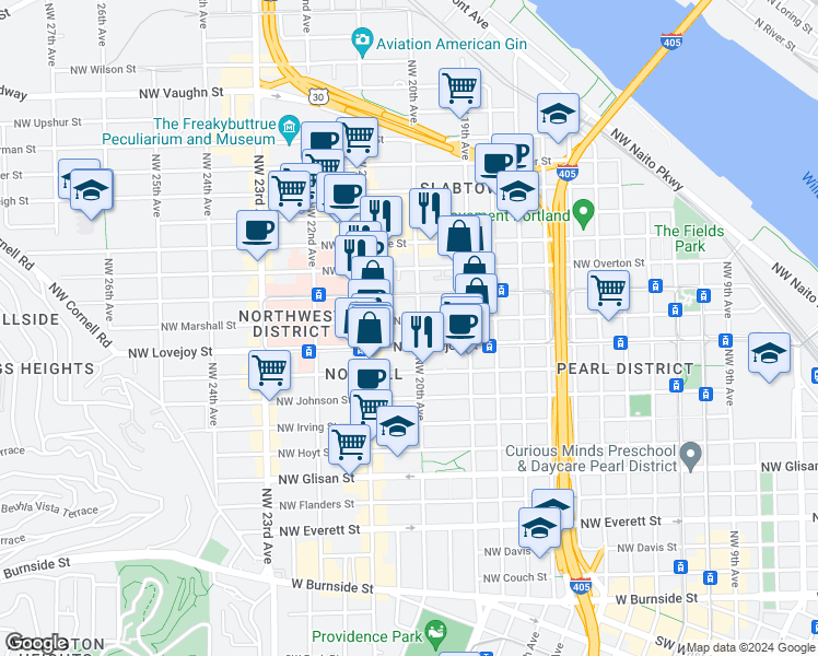 map of restaurants, bars, coffee shops, grocery stores, and more near 1120 Northwest 20th Avenue in Portland