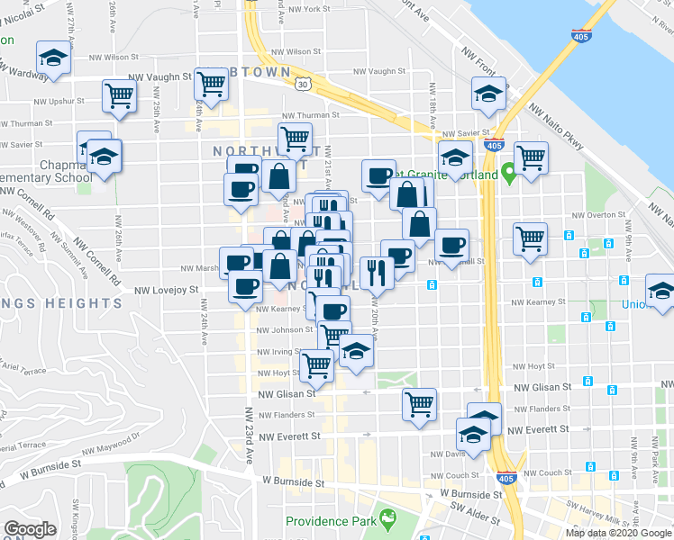 map of restaurants, bars, coffee shops, grocery stores, and more near 1130 Northwest 21st Avenue in Portland