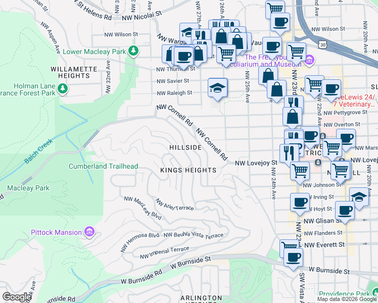map of restaurants, bars, coffee shops, grocery stores, and more near 1209 Northwest Summit Avenue in Portland