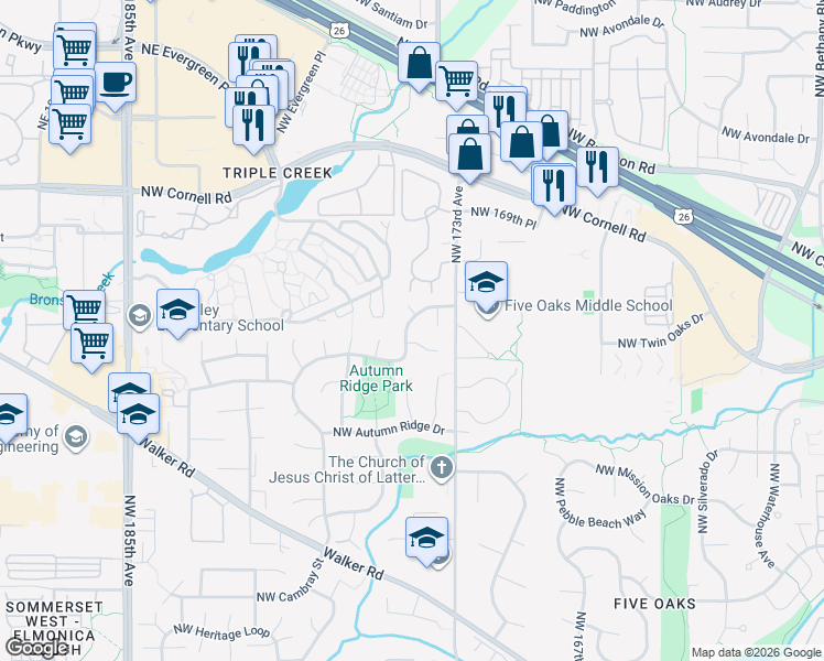 map of restaurants, bars, coffee shops, grocery stores, and more near 1570 Northwest 175th Place in Beaverton