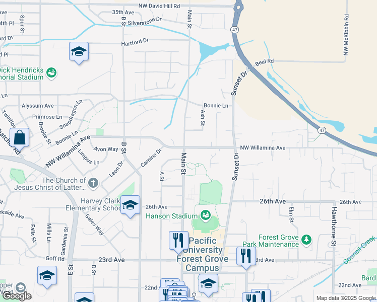 map of restaurants, bars, coffee shops, grocery stores, and more near 2019 Willamina Avenue in Forest Grove