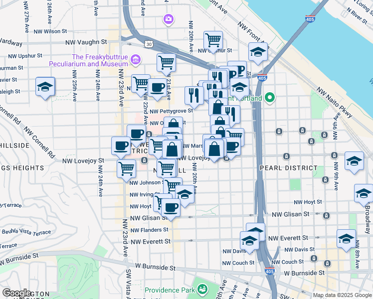 map of restaurants, bars, coffee shops, grocery stores, and more near 2030 Northwest Marshall Street in Portland