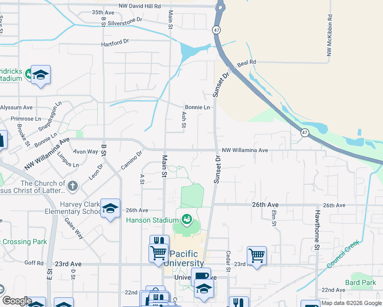 map of restaurants, bars, coffee shops, grocery stores, and more near 2110 Charlie Court in Forest Grove