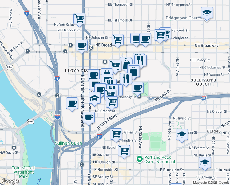 map of restaurants, bars, coffee shops, grocery stores, and more near 1061 Northeast 9th Avenue in Portland