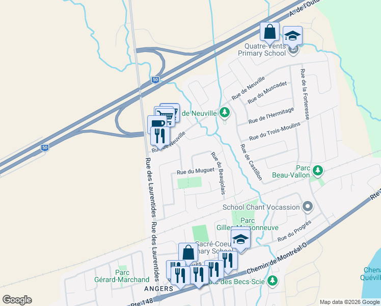 map of restaurants, bars, coffee shops, grocery stores, and more near 25 Rue du Beaujolais in Gatineau