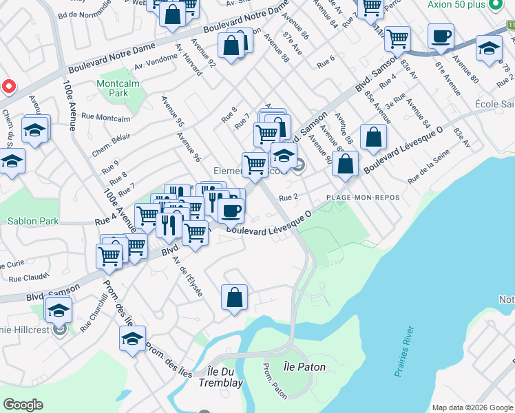 map of restaurants, bars, coffee shops, grocery stores, and more near 293 Place Samson in Laval