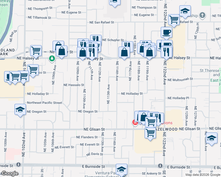 map of restaurants, bars, coffee shops, grocery stores, and more near 1038 Northeast 113th Avenue in Portland