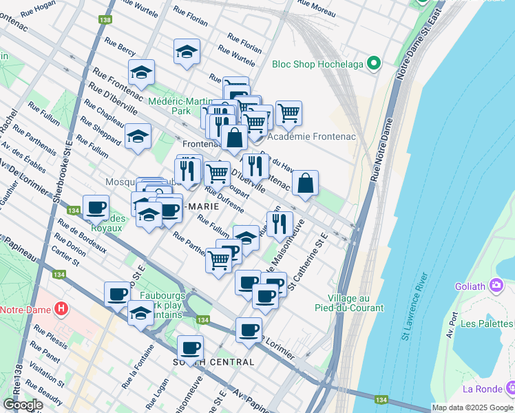 map of restaurants, bars, coffee shops, grocery stores, and more near 1696 Rue Poupart in Montréal