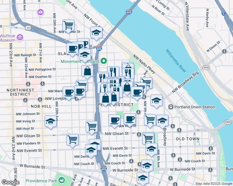 map of restaurants, bars, coffee shops, grocery stores, and more near in Portland