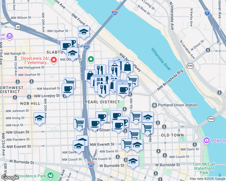 map of restaurants, bars, coffee shops, grocery stores, and more near 1102 Northwest Marshall Street in Portland