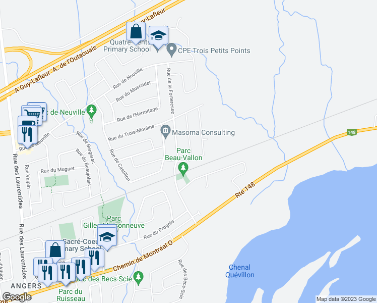 map of restaurants, bars, coffee shops, grocery stores, and more near 164 Rue de Bourgneuf in Gatineau