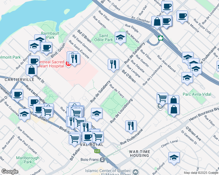 map of restaurants, bars, coffee shops, grocery stores, and more near 11990 Rue de Tracy in Montréal