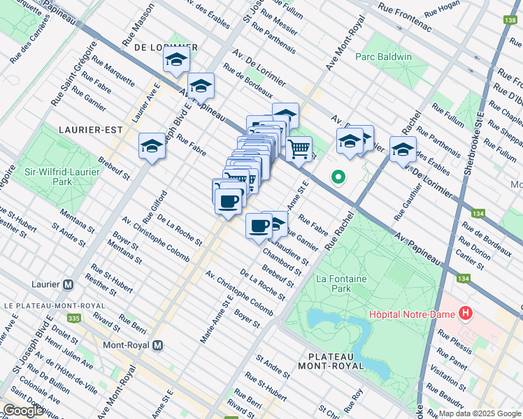 map of restaurants, bars, coffee shops, grocery stores, and more near 4437 Rue Garnier in Montréal