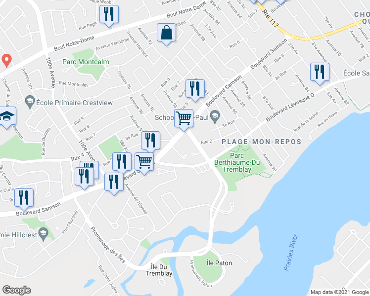 map of restaurants, bars, coffee shops, grocery stores, and more near 293 Place Samson in Laval