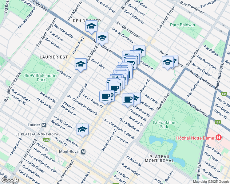 map of restaurants, bars, coffee shops, grocery stores, and more near 1351 Avenue du Mont-Royal Est in Montréal