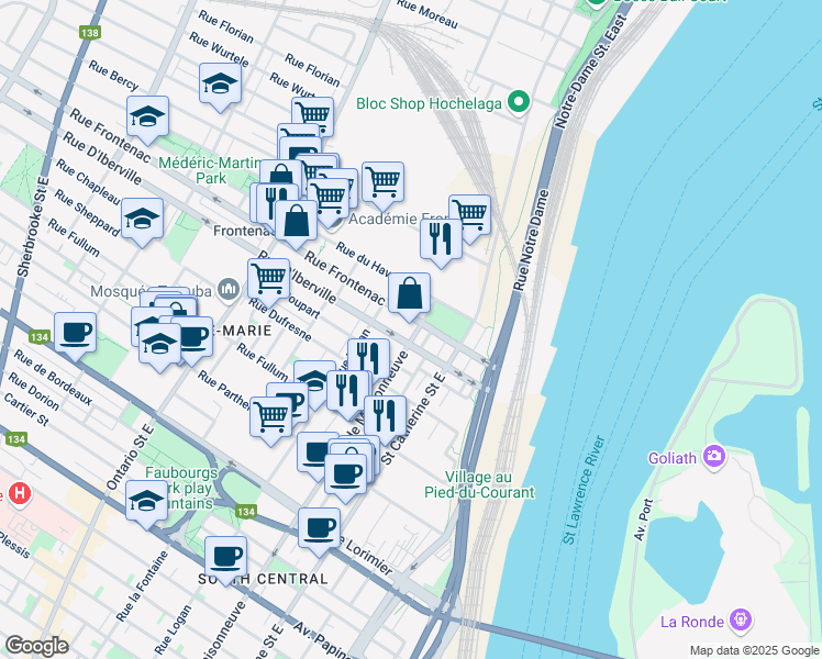 map of restaurants, bars, coffee shops, grocery stores, and more near 2519 Boulevard de Maisonneuve Est in Montréal