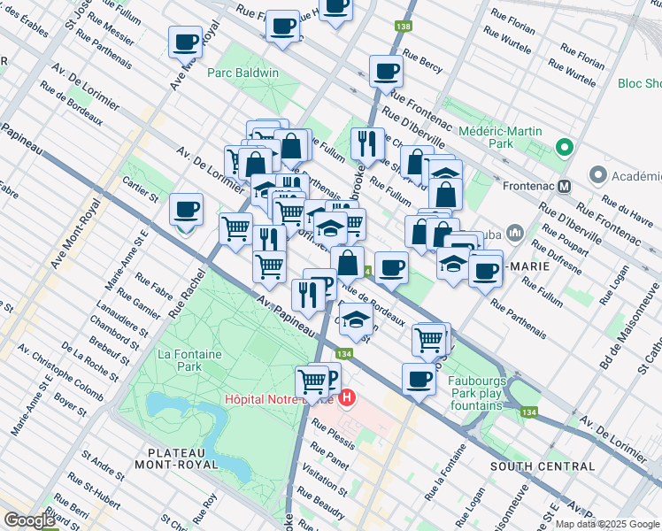 map of restaurants, bars, coffee shops, grocery stores, and more near 2025 Rue Sherbrooke Est in Montréal
