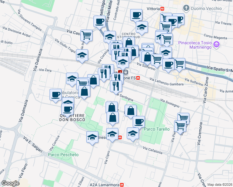 map of restaurants, bars, coffee shops, grocery stores, and more near 2-24 Via Privata de Vitalis in Brescia