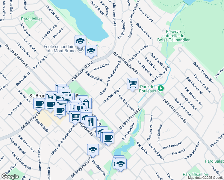 map of restaurants, bars, coffee shops, grocery stores, and more near 1555 Rue Evergreen in Saint-Bruno-de-Montarville