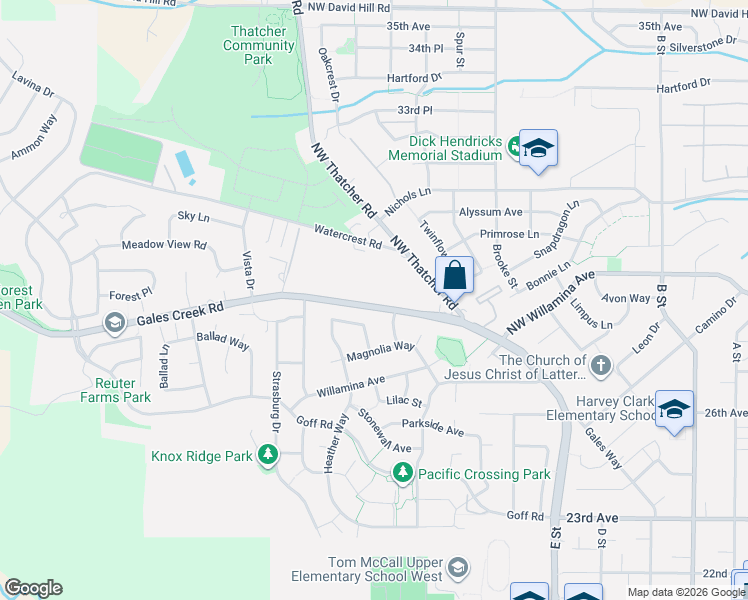 map of restaurants, bars, coffee shops, grocery stores, and more near 1015 Gales Creek Road in Forest Grove