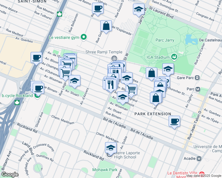 map of restaurants, bars, coffee shops, grocery stores, and more near 715 Rue Jarry Ouest in Montréal