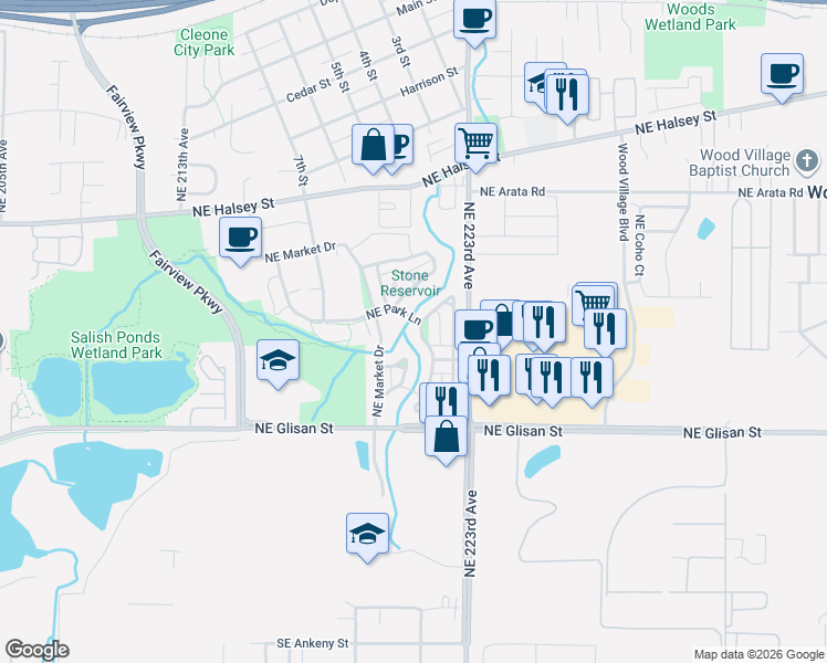 map of restaurants, bars, coffee shops, grocery stores, and more near 22106 Northeast Park Lane in Fairview
