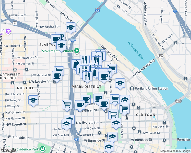 map of restaurants, bars, coffee shops, grocery stores, and more near 1030 Northwest 12th Avenue in Portland