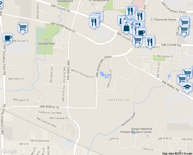 map of restaurants, bars, coffee shops, grocery stores, and more near 1645 Northeast Amberglen Parkway in Hillsboro