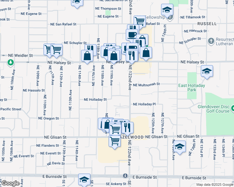 map of restaurants, bars, coffee shops, grocery stores, and more near 1119 Northeast 120th Avenue in Portland