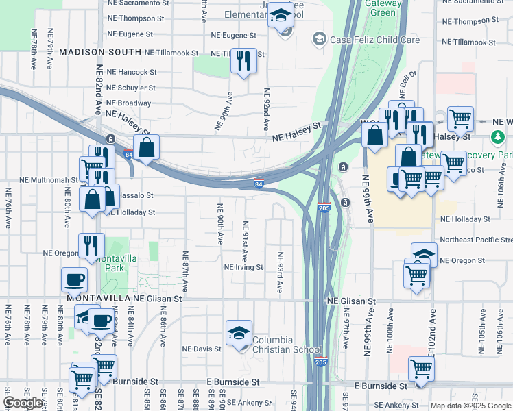 map of restaurants, bars, coffee shops, grocery stores, and more near 9110 Northeast Hassalo Street in Portland