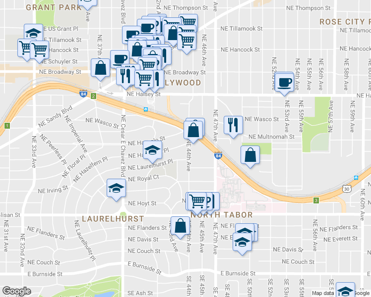 map of restaurants, bars, coffee shops, grocery stores, and more near 4367 Northeast Hazelfern Place in Portland