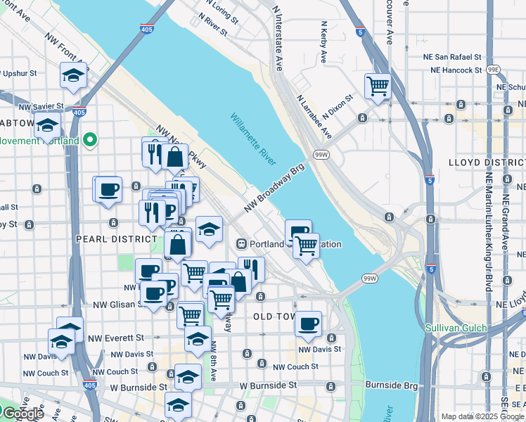 map of restaurants, bars, coffee shops, grocery stores, and more near 43 Northwest Broadway Bridge in Portland