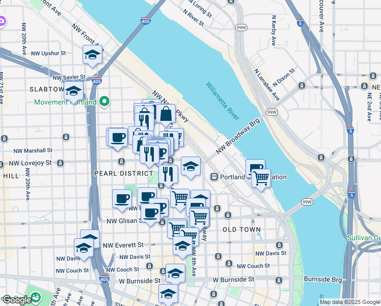 map of restaurants, bars, coffee shops, grocery stores, and more near 1090 Northwest Station Way in Portland