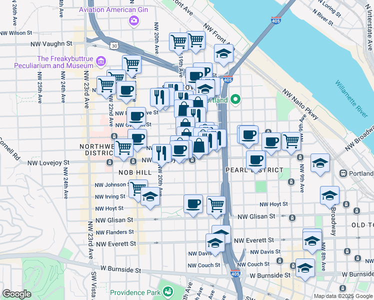 map of restaurants, bars, coffee shops, grocery stores, and more near in Portland