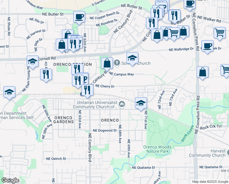 map of restaurants, bars, coffee shops, grocery stores, and more near 6616 Northeast Cherry Drive in Hillsboro