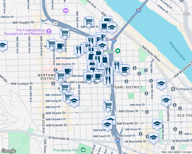 map of restaurants, bars, coffee shops, grocery stores, and more near 1806 Northwest Marshall Street in Portland