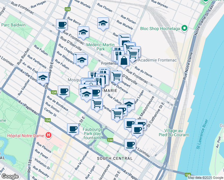 map of restaurants, bars, coffee shops, grocery stores, and more near 2342 Rue Coupal in Montréal