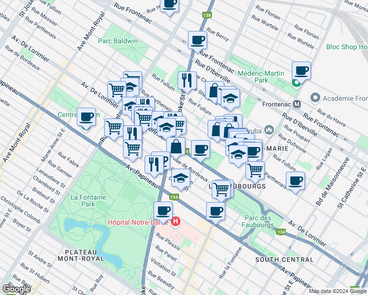 map of restaurants, bars, coffee shops, grocery stores, and more near 2353 Avenue De Lorimier in Montréal