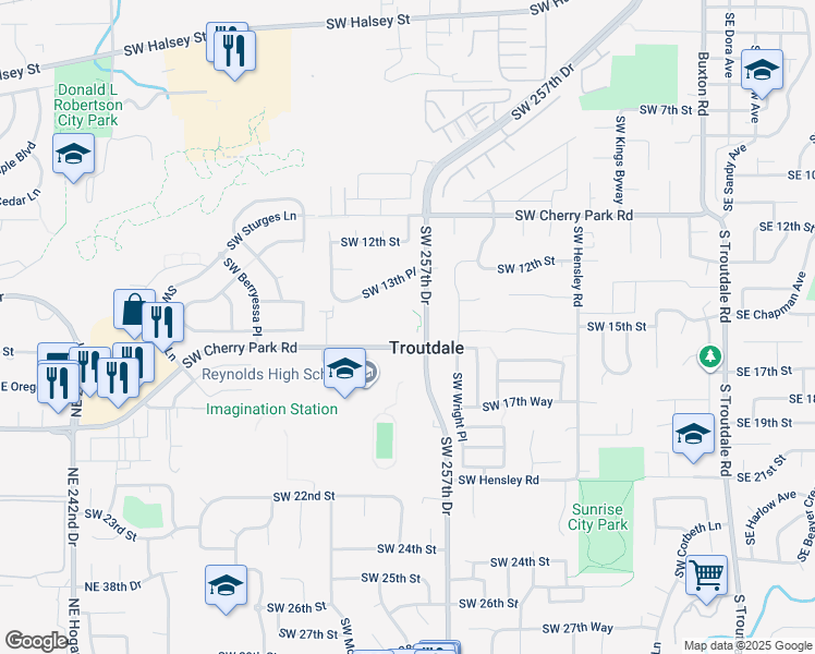 map of restaurants, bars, coffee shops, grocery stores, and more near 1201 Southwest Cherry Park Road in Troutdale